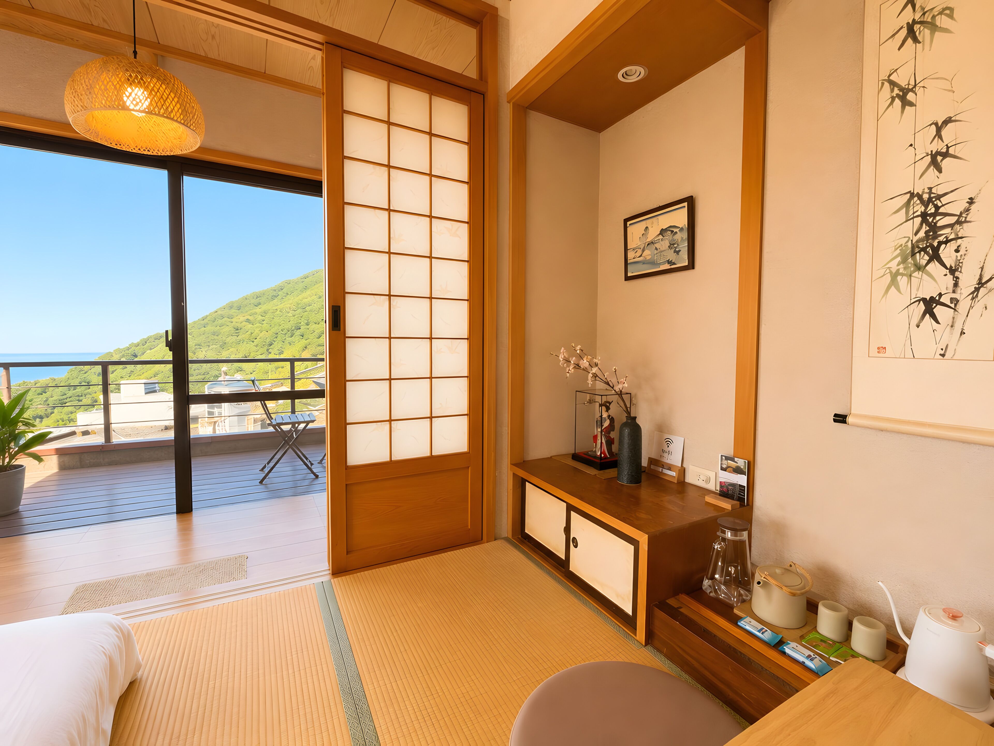 Una habitación japonesa tradicional con suelo de tatami, una puerta corredera, un balcón con vistas a una colina verde y un escritorio de madera con un jarrón y un cuadro enmarcado.