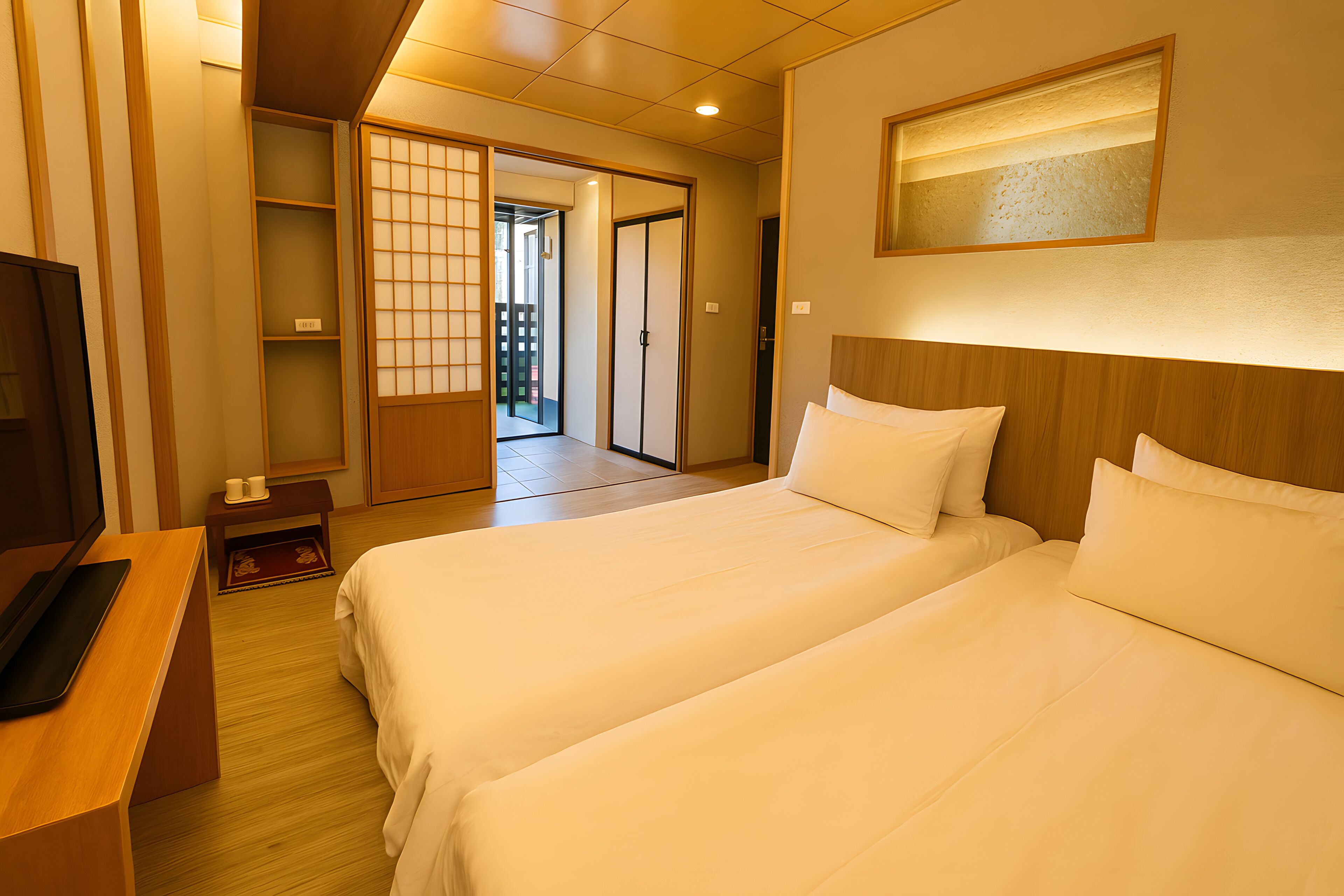 A hotel room with two beds, a desk, a TV, and a sliding door leading to a balcony.
