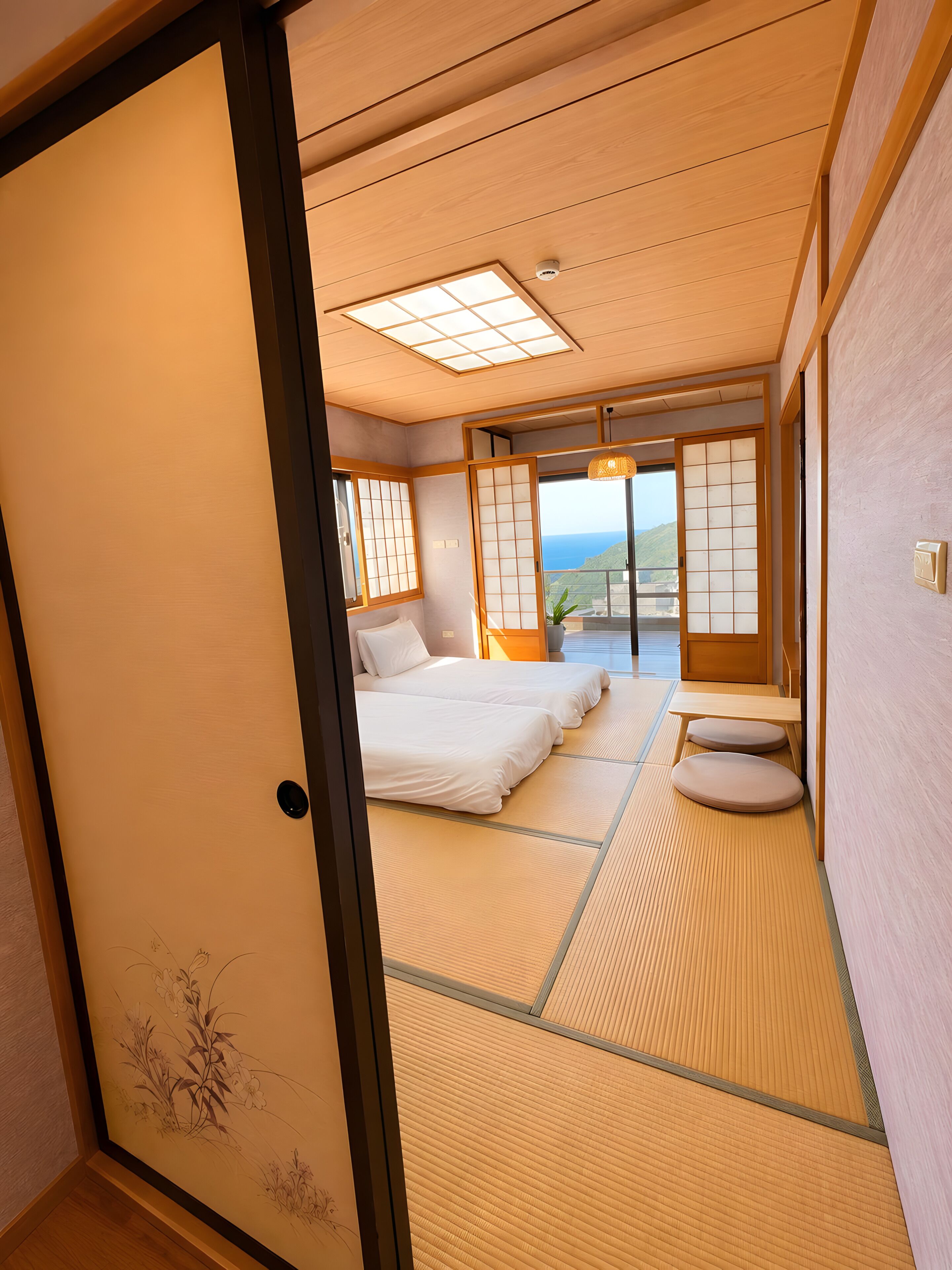 A traditional Japanese room with tatami flooring, a bed, a sliding door, and a view of the sea.