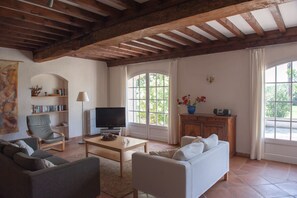 Télévision, cheminée, lecteur de DVD, table de tennis de table