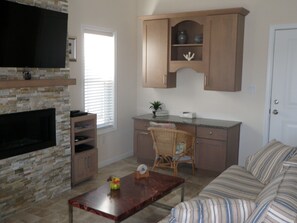 Smart TV, fireplace, DVD player