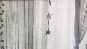 A room with a sheer curtain, a starfish decoration, and a wooden floor.