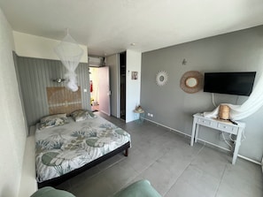 A bedroom with a bed, bedside table, TV, and a door leading to another room.