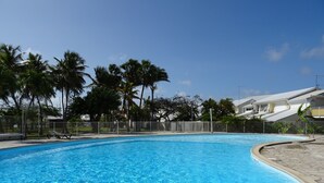 A clear blue swimming pool surrounded by a fence, with palm trees and a building in the background.