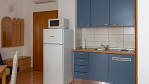 Una cocina compacta con un refrigerador blanco, armarios azules, una encimera de madera y un microondas.