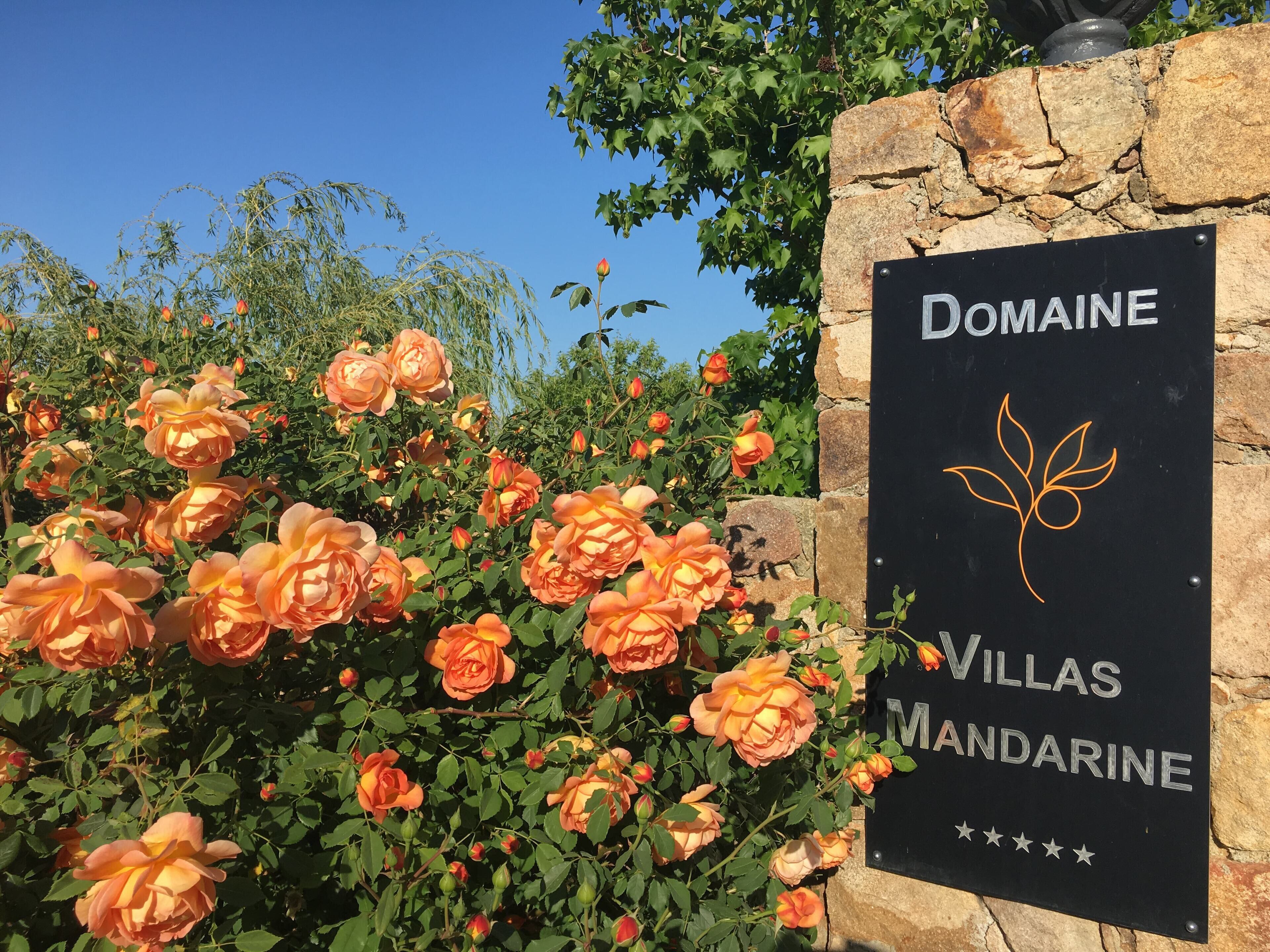 A sign for Domaine Villas Mandarine with a black background and white text, surrounded by blooming orange roses.