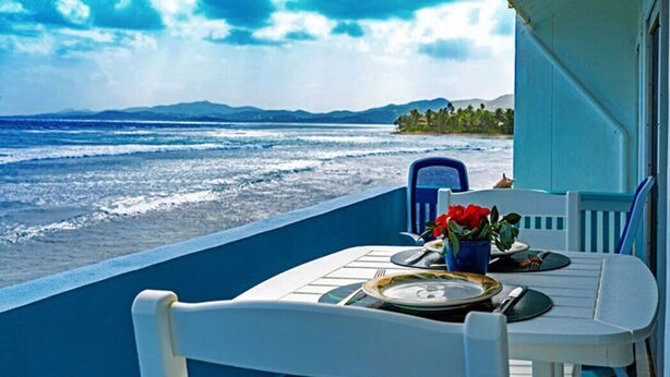 A table with a blue chair and a potted plant on a balcony overlooking a beach.