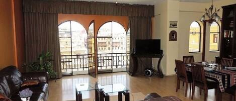 Televisión, reproductor de DVD, libros y estéreo