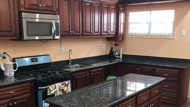Cozinha moderna com armários de madeira escura, eletrodomésticos de aço inoxidável e ilha com bancada de granito.