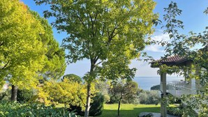 Ein üppiger Garten mit einem Gartenhaus, freier Blick auf das Meer und einem gepflegten Rasen.