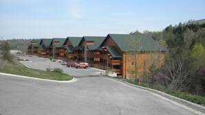 A row of log cabin-style lodges with a paved driveway and a red car parked in front.