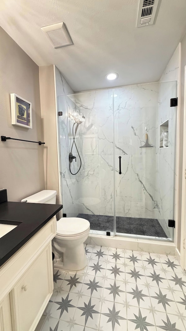 A bathroom with a glass-enclosed shower, a toilet, a black countertop, and a framed picture on the wall.