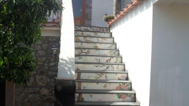 Uma escadaria com padrões florais em azulejos, uma parede de pedra e plantas em vasos.