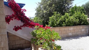 Ein Garten mit roten Blumen, grünen Sträuchern, einem Steinplattenboden und einer Backsteinmauer.