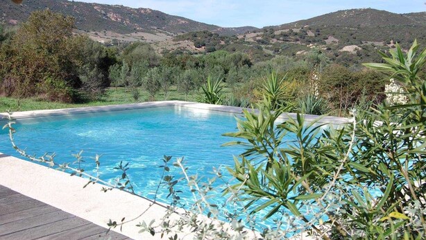 Una piscina rectangular de agua azul cristalina, rodeada de vegetación y colinas al fondo.