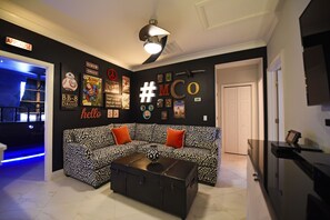 TV, DVD player, books, stereo