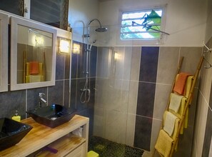 Shower, hair dryer, towels