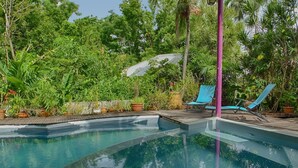 A clear swimming pool with a wooden deck, surrounded by lush greenery and two blue lounge chairs.