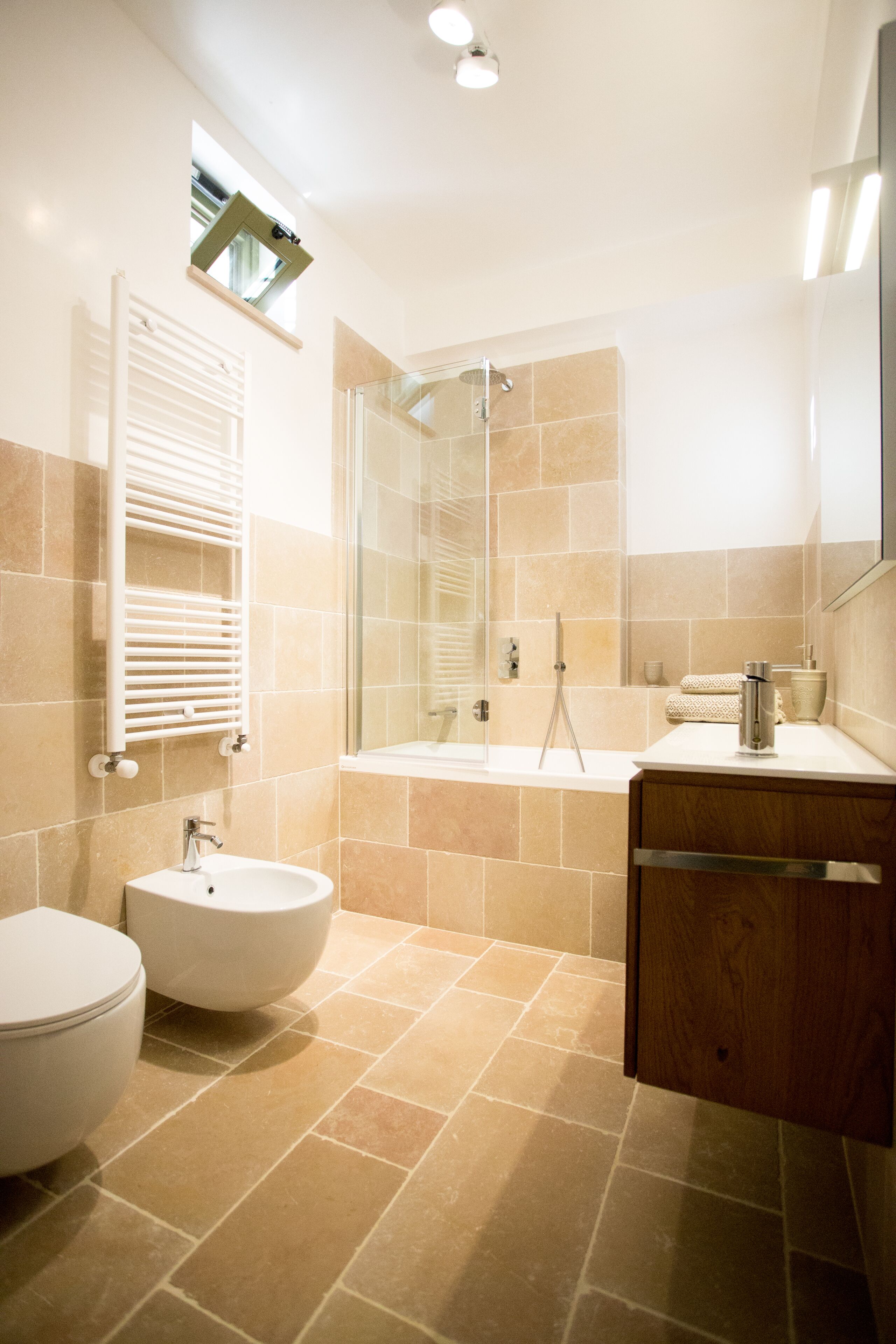 Combined shower/tub, jetted tub, hair dryer, bidet
