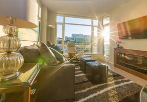 Televisión, chimenea y biblioteca musical 