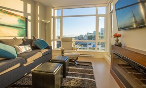 TV, fireplace, music library