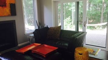 TV, caminetto, lettore DVD, libri