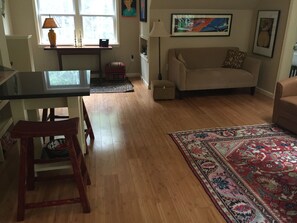 A living room with a sofa, a coffee table, and a rug. - Perfect Catskills Getaway, 12 Minutes to Town of Woodstock. (Bearsville)