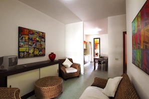 TV - 2 Bedrooms Modern Apartment by the SEA, Pool, Wi-Fi, A/C, Terrace, in resort (Campofelice Di Roccella)