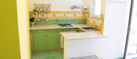 Fridge, oven, stovetop, coffee/tea maker