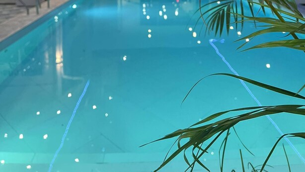 Una piscina con agua cristalina, rodeada de palmeras y un edificio con puertas de vidrio.