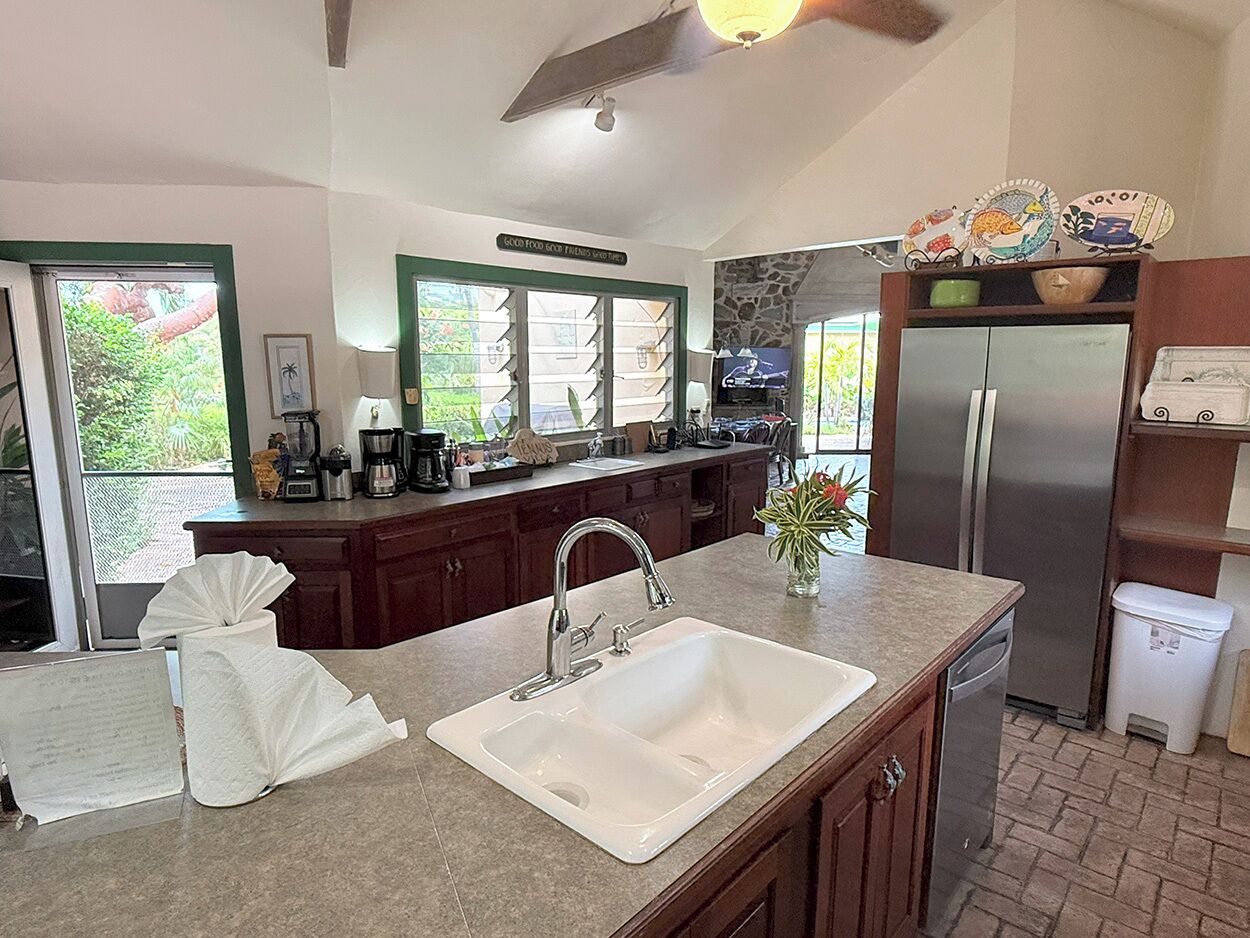 A kitchen with a double sink, a refrigerator, and a stone backsplash.