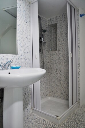 Shower, hair dryer, bidet, towels