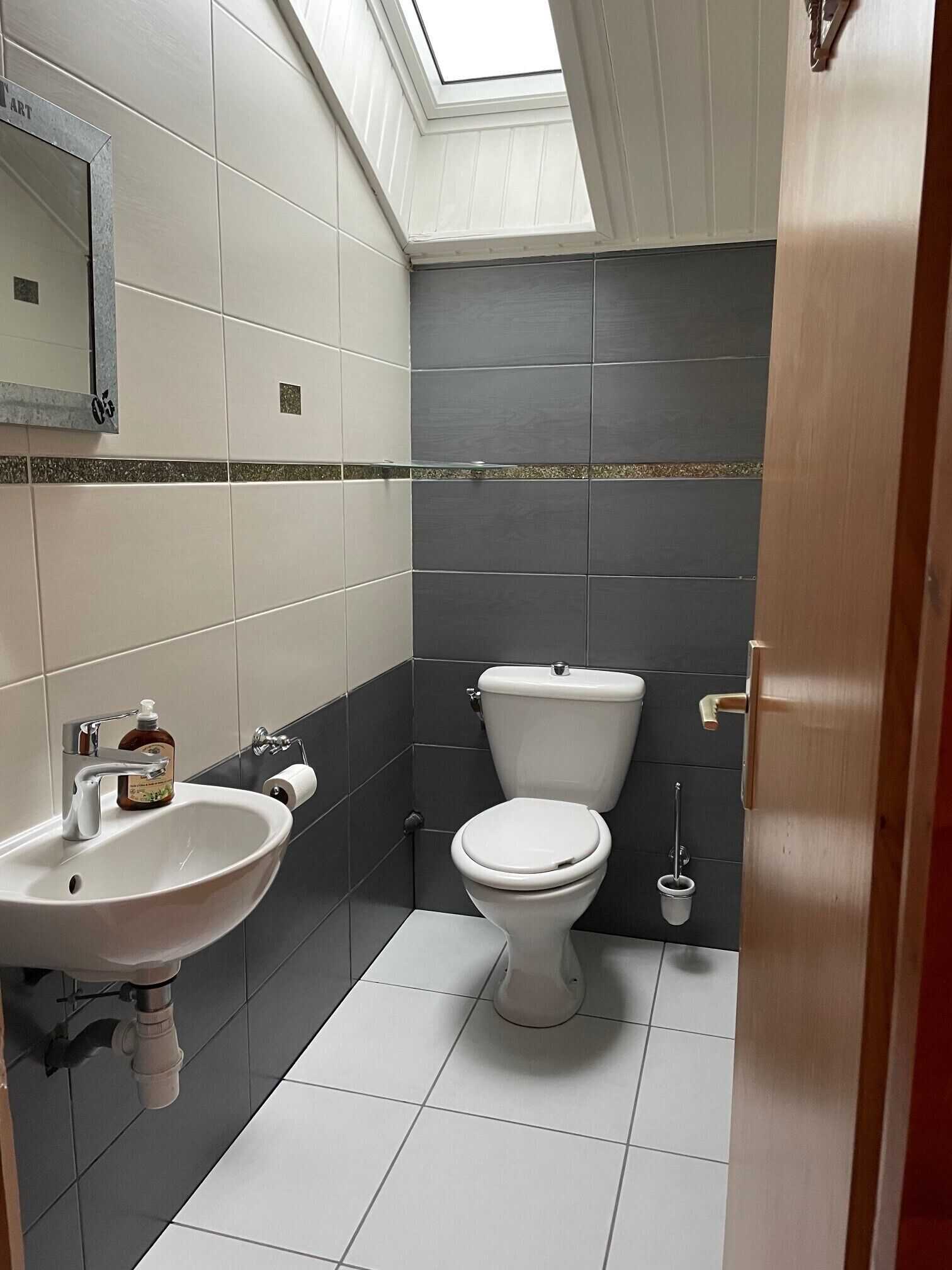 A bathroom with a skylight, a sink, a toilet, and a bidet.