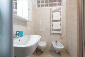 Shower, hair dryer, bidet, towels