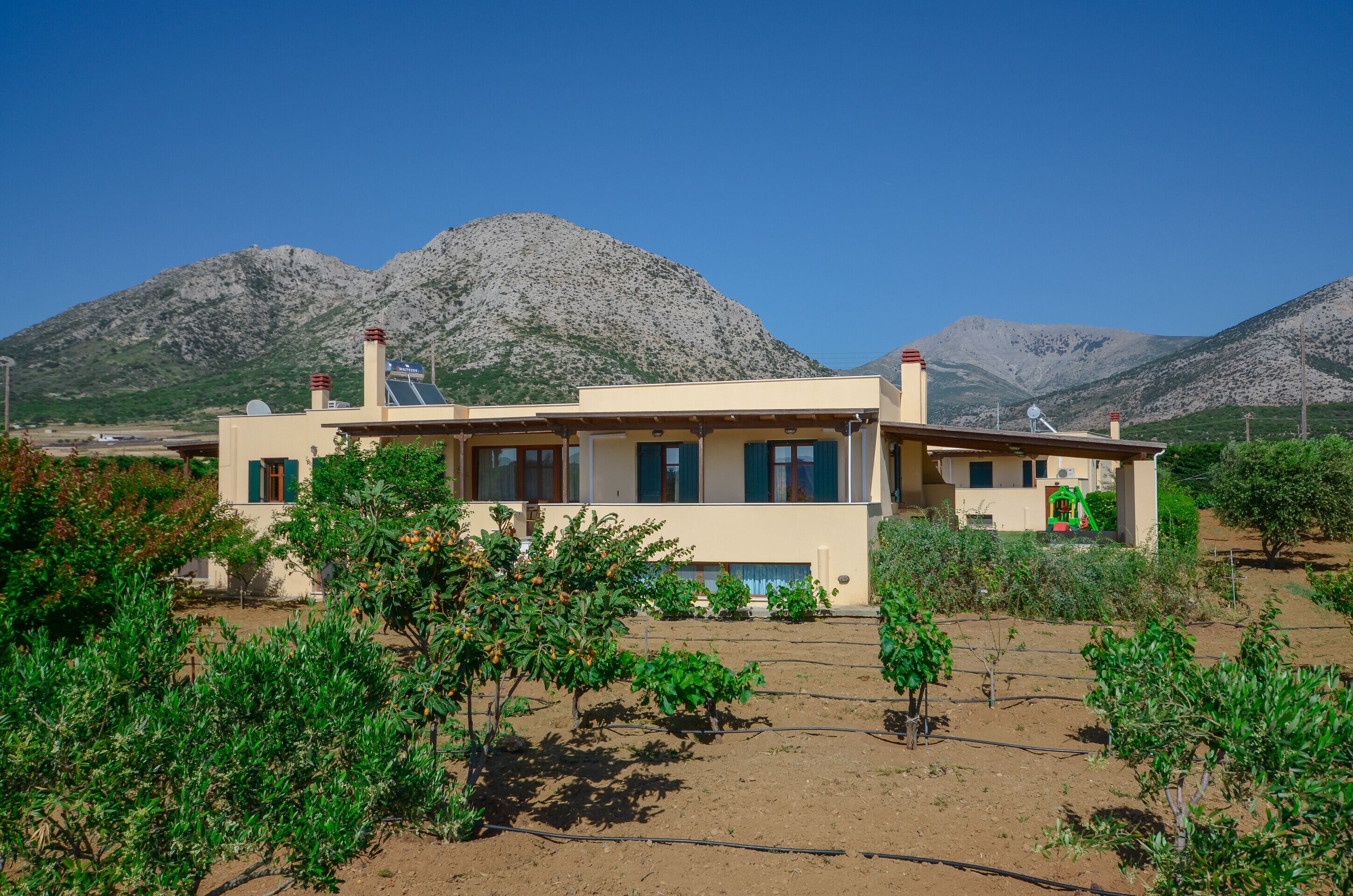 A two-story house with a flat roof, surrounded by a garden with various plants and a mountain in the background.
