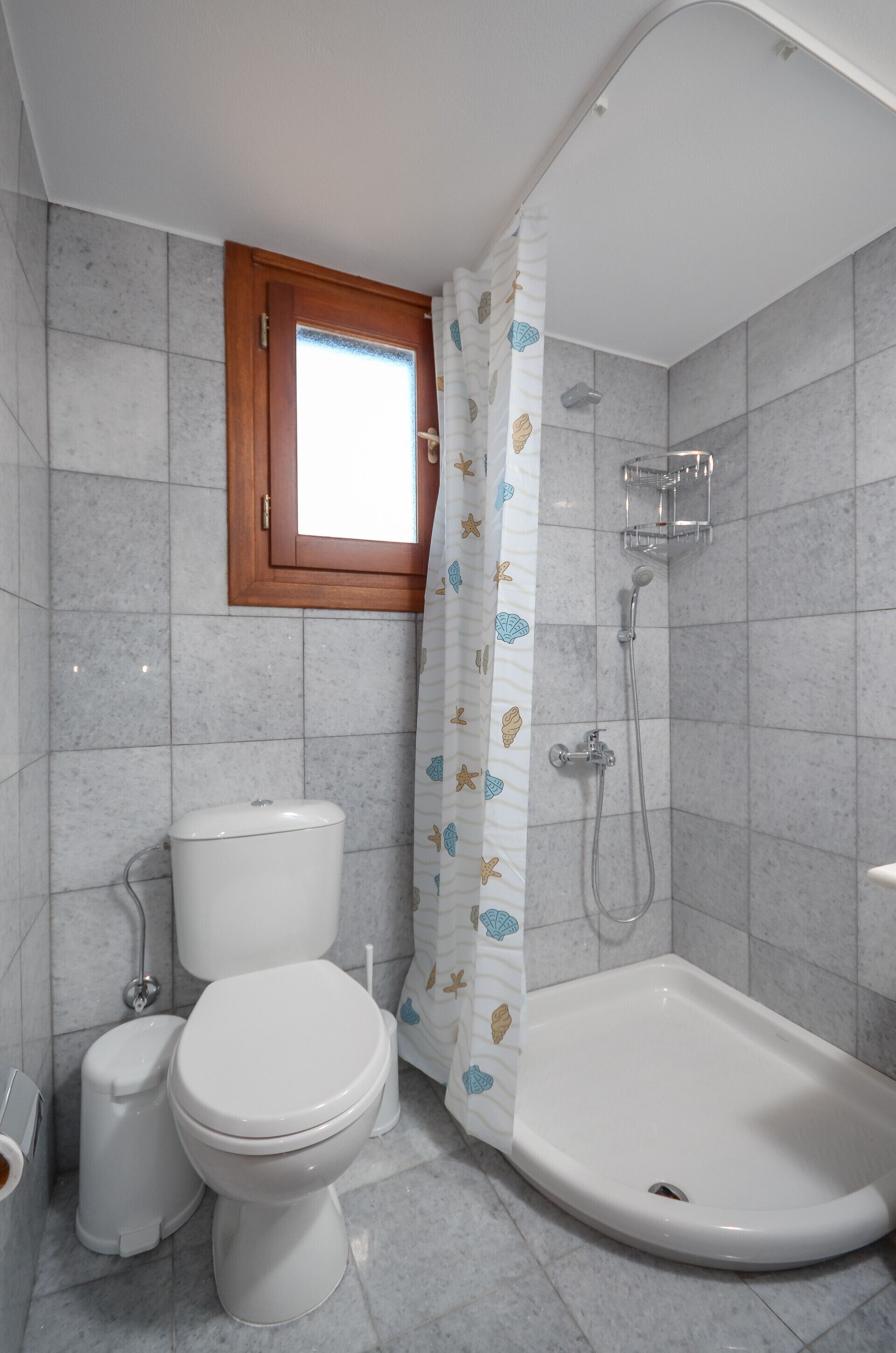A bathroom with a toilet, bidet, and shower.