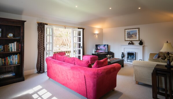 A living room with a red sofa, a bookshelf, a fireplace, and a television.