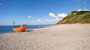 A pebble beach with a small orange boat labeled "E203" on the left.