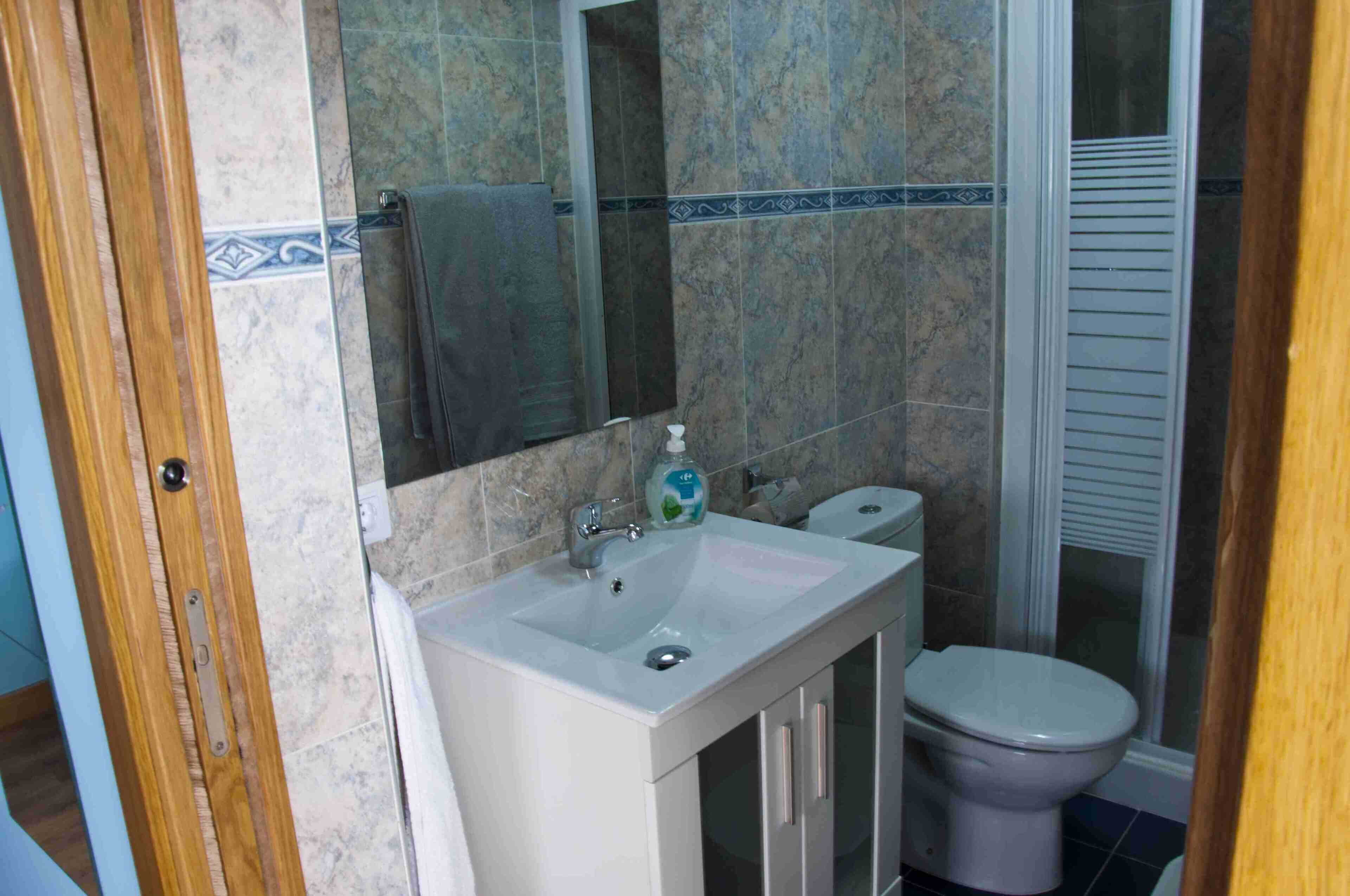 Een badkamer met wastafel, spiegel, toilet en douche.
