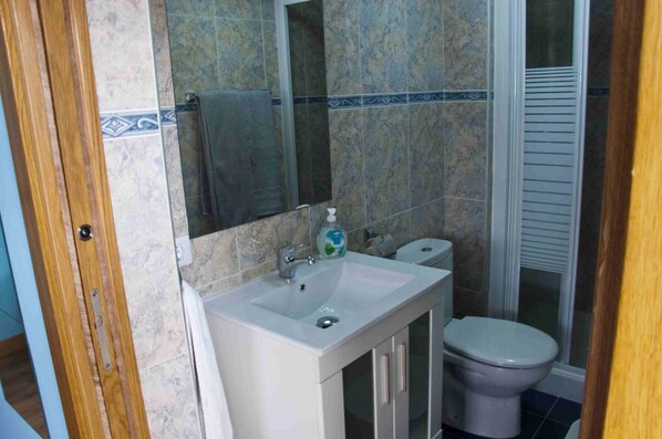 A bathroom with a sink, mirror, toilet, and shower area.