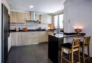 Fridge, microwave, oven, stovetop