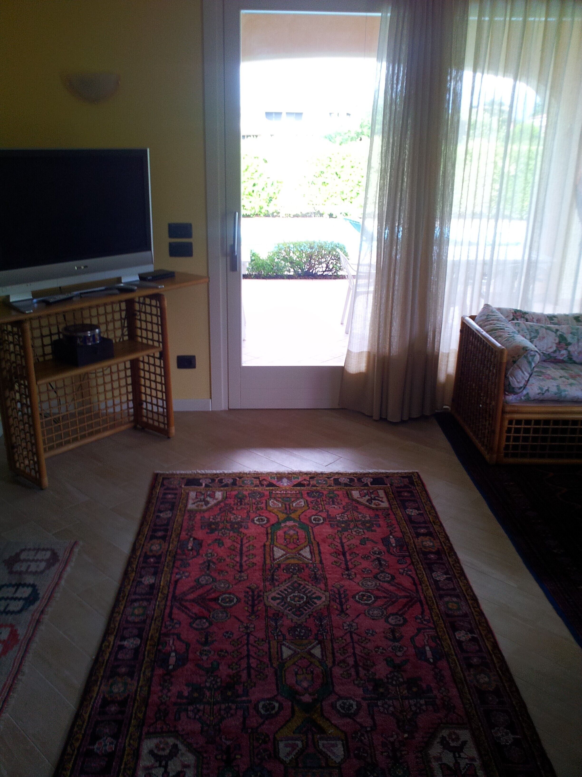 Un salon avec un téléviseur à écran plat posé sur un meuble en bois, un tapis à motifs, un canapé et une porte-fenêtre coulissante donnant sur une terrasse.