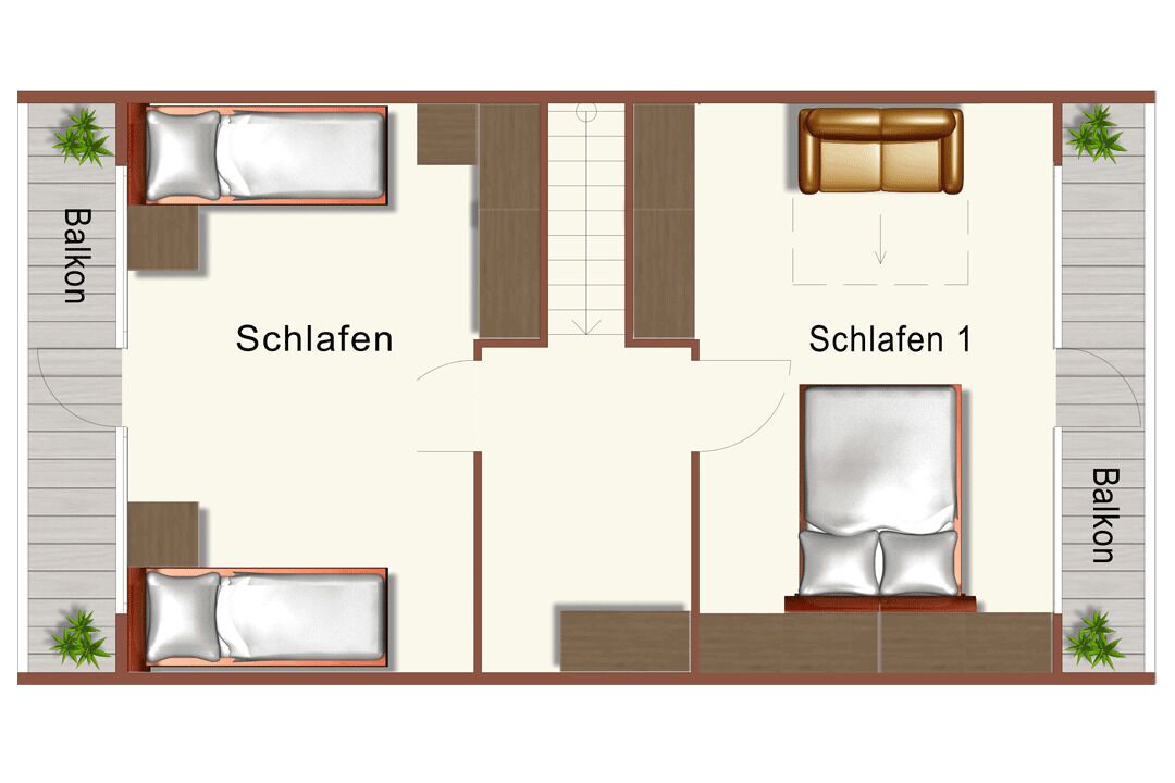 A hotel layout with two bedrooms, a balcony, and a living area.