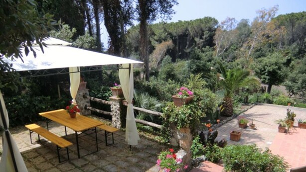 A patio area with a wooden table and benches, surrounded by potted plants and a white pergola. - Villa Paradisino Orbetello, Bilocale Flamingo B (Orbetello)