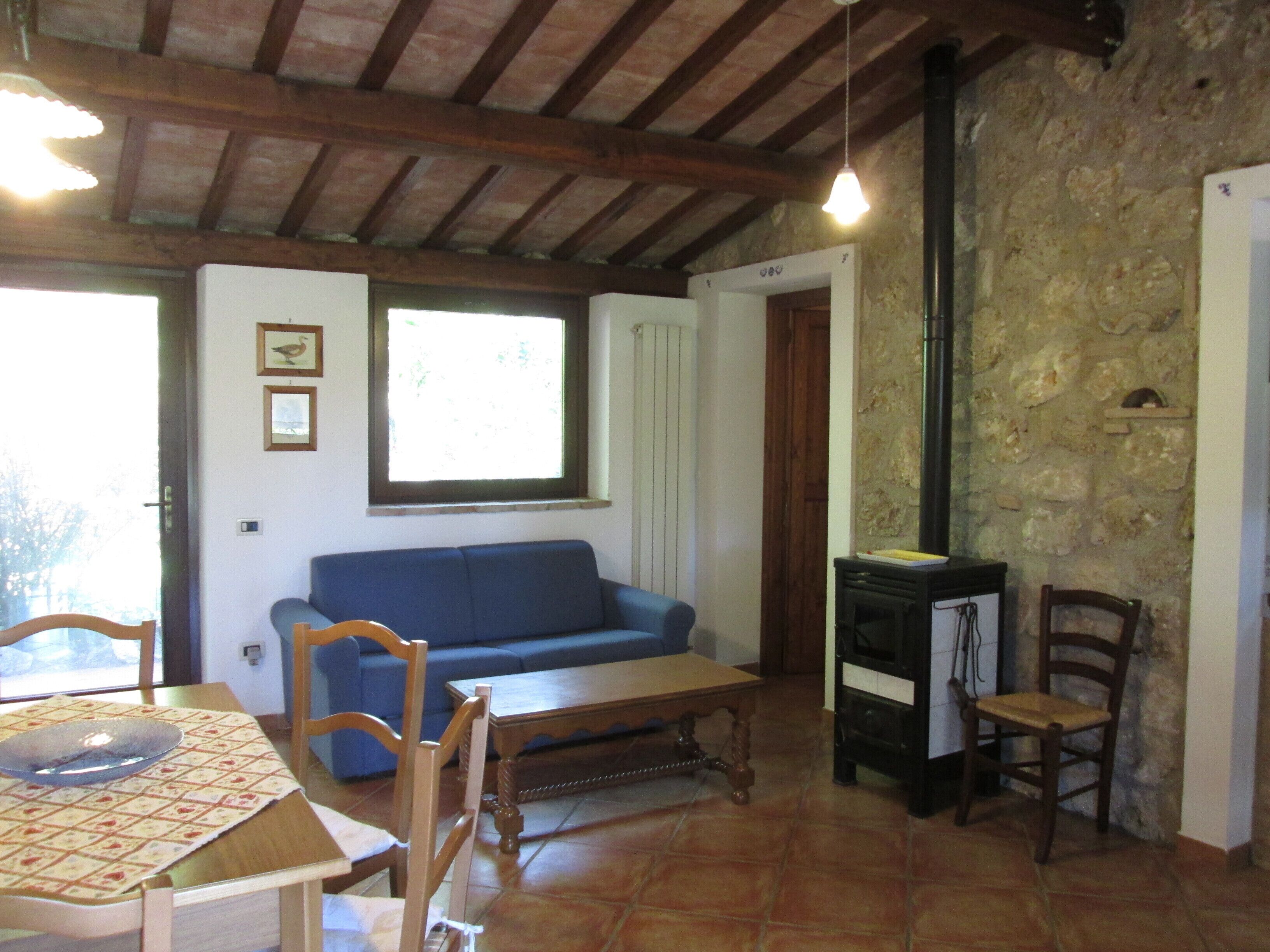 A cozy living room with a blue sofa, wooden table, and chairs. There's a stone wall and a fireplace.