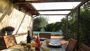 Un espace de restauration en plein air avec une table dressée pour quatre personnes, entouré de murs en pierre et offrant une vue sur une piscine.