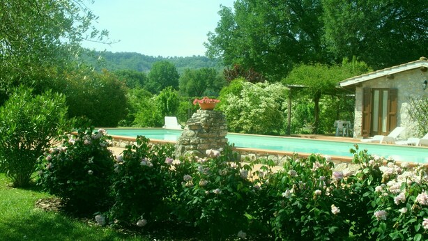 Une piscine entourée d’une végétation luxuriante et un bâtiment en pierre doté d’une pergola.