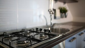 A kitchen with a gas stove, stainless steel sink, and blue cabinets. - "THE HOUSE OF THE VILLAGE" ....... (Brienza)