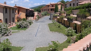 Una calle residencial con casas, un camino de grava y vegetación.