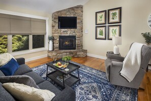 Smart TV, chimenea y libros 